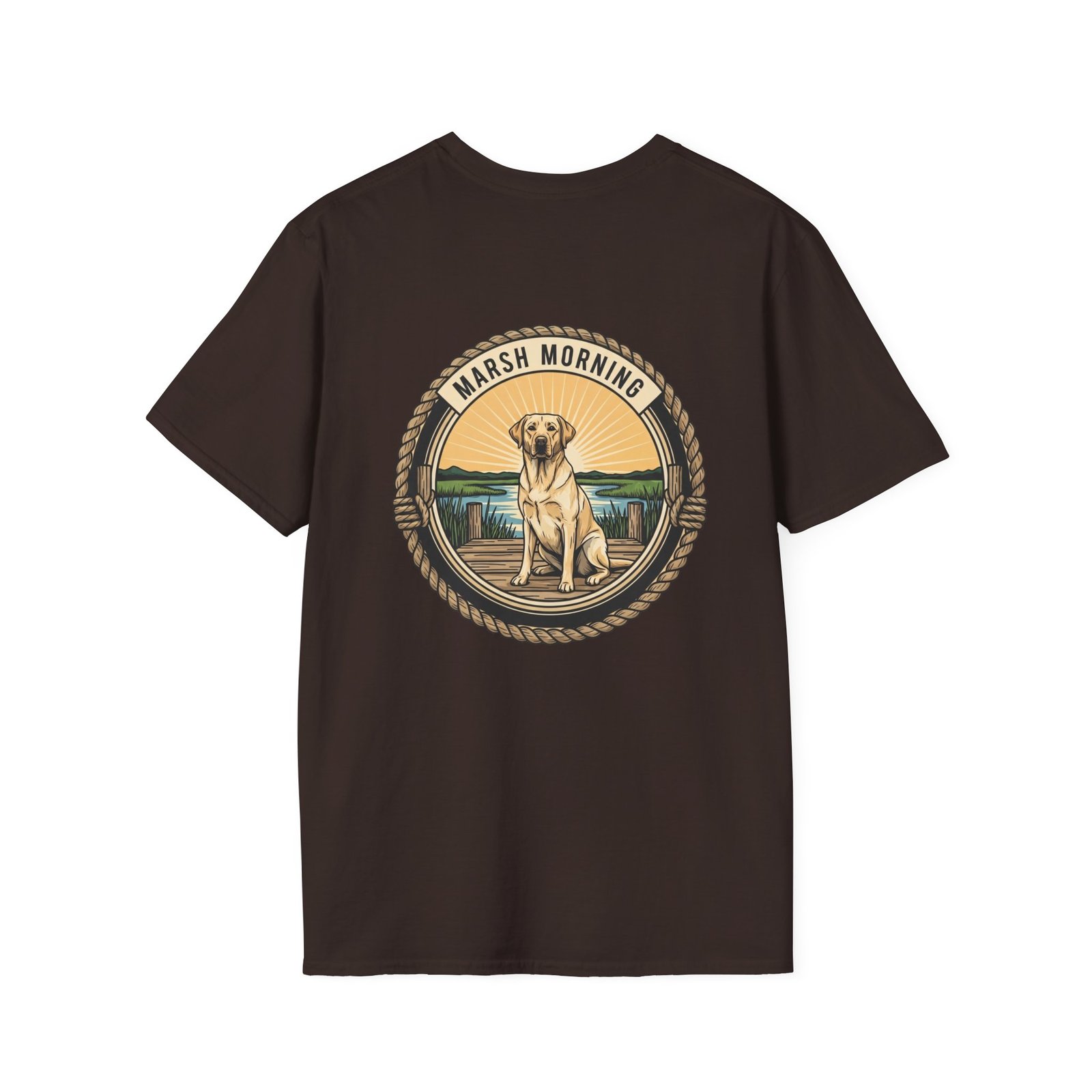 Marsh Morning Yellow Lab Shirt | Southern Duck Hunting Tee | Vintage Retriever Rope Badge | Coastal Sunrise Graphic Gift