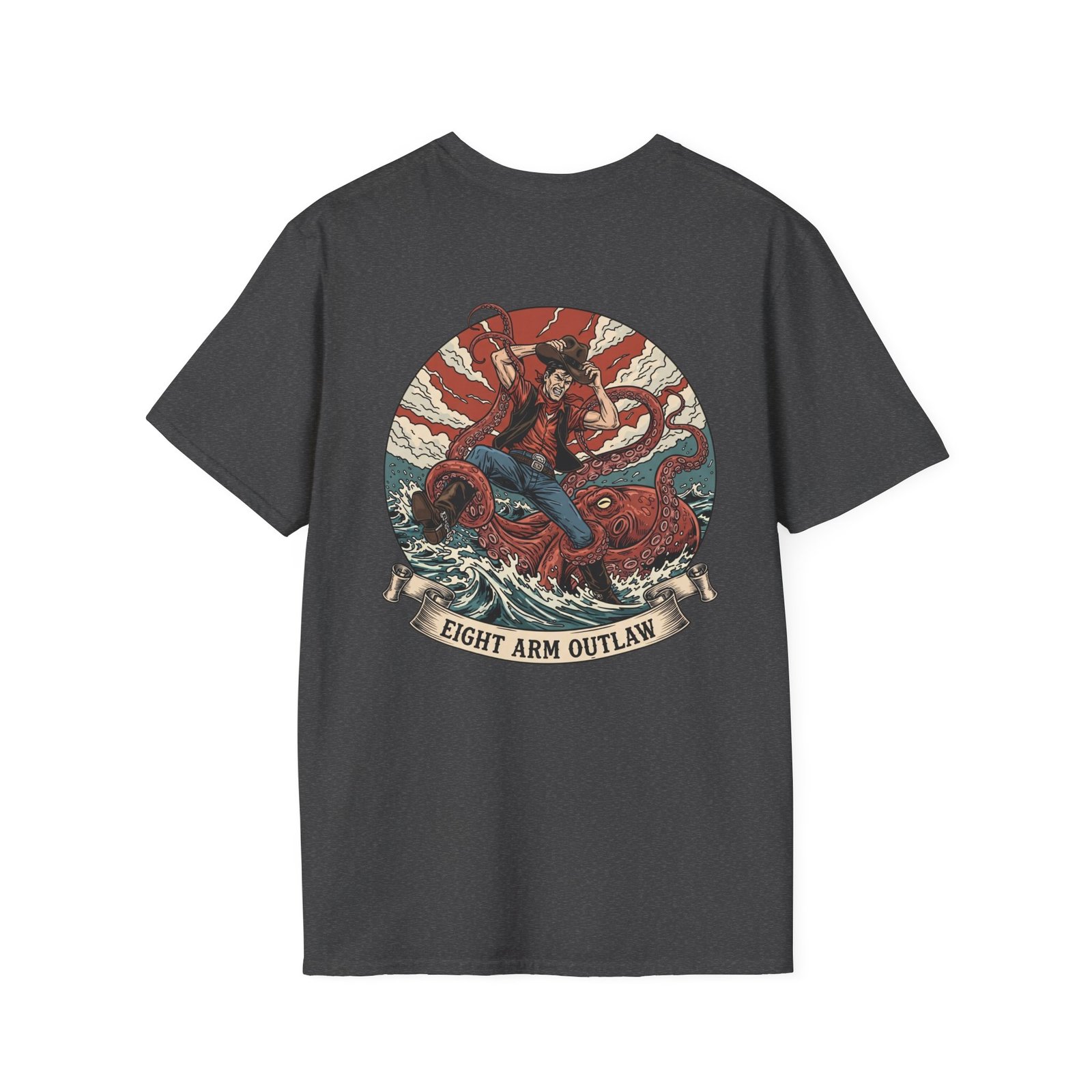 Eight Arm Outlaw T-Shirt | Cowboy vs Octopus | Kraken Wrestling Art | Deep Sea Danger | Rugged Ocean Tee | Tentacle Rodeo Shirt