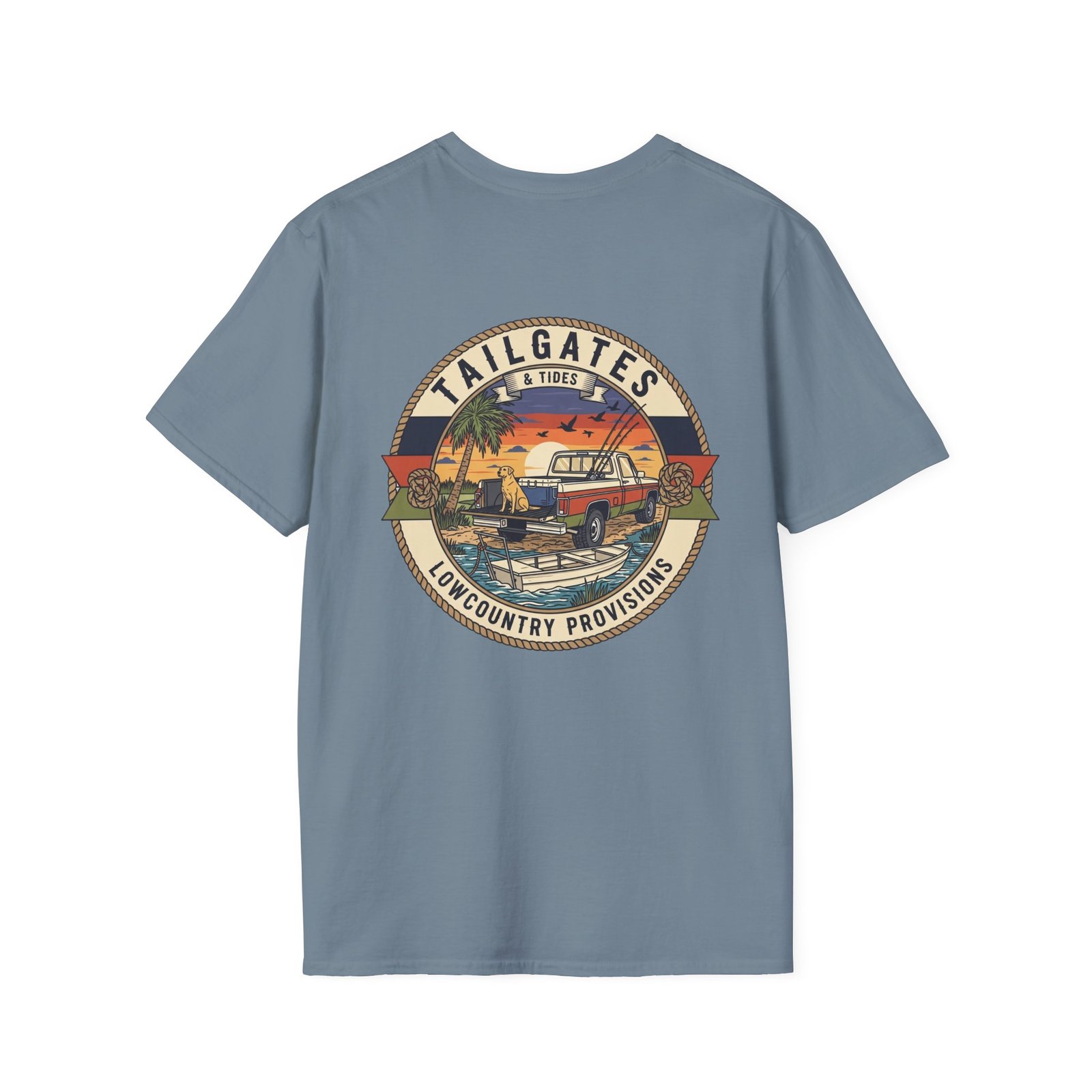 Tailgates & Tides Lowcountry Truck Skiff Back Graphic | Southern Coastal Outdoor Life Tee | Vintage Vector Saltwater Fishing Gift