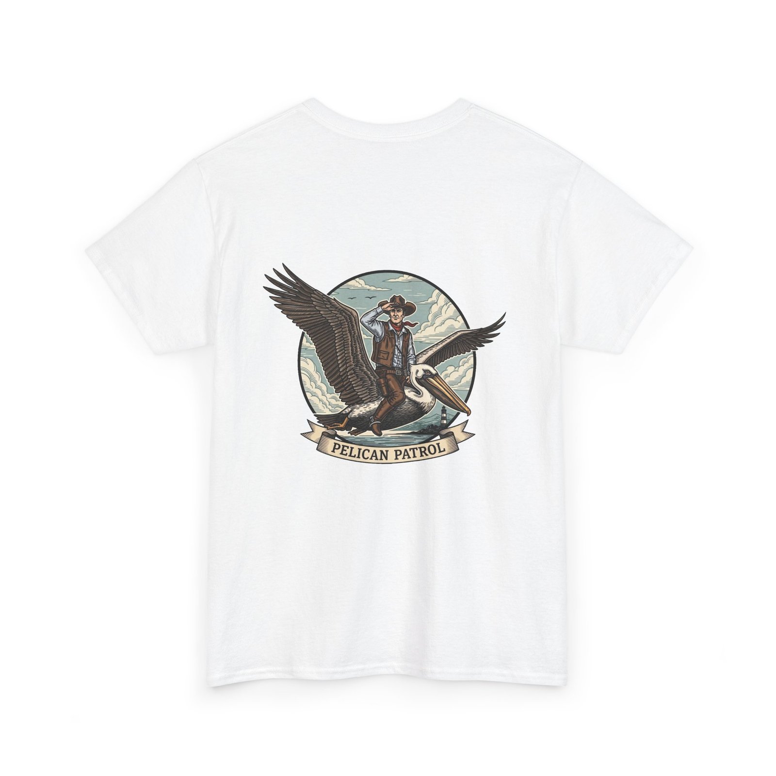 Pelican Cowboy T-Shirt | Flying Cowboy Graphic Tee | Coastal Bird Watcher | Lowcountry Sky Rodeo | Retro Southern Style - Image 8