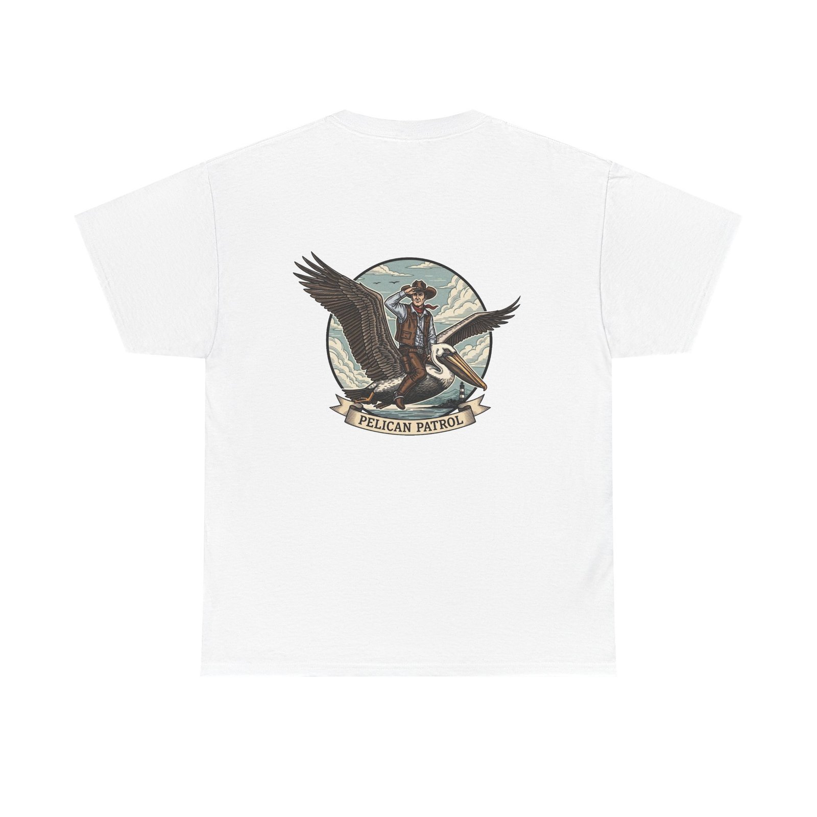 Pelican Cowboy T-Shirt | Flying Cowboy Graphic Tee | Coastal Bird Watcher | Lowcountry Sky Rodeo | Retro Southern Style - Image 6